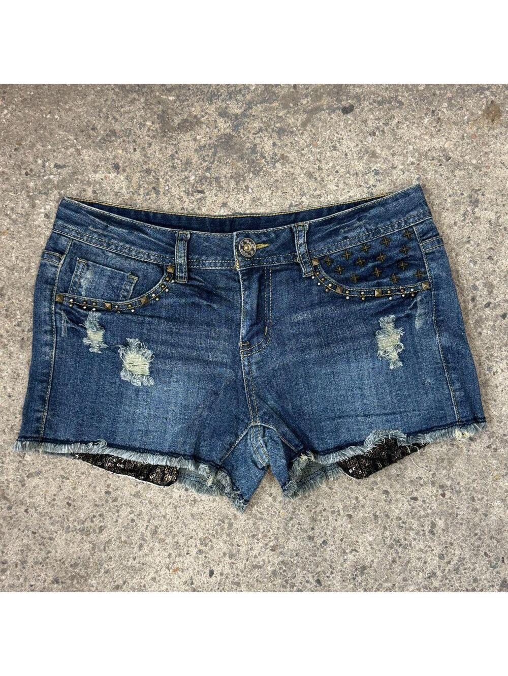 Vintage Y2K Low Rise Denim Micro Shorts Med Wash